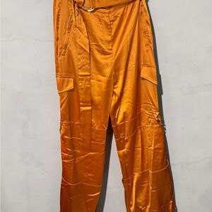 Women's Wide Leg Satin Cargo Pants in Orange